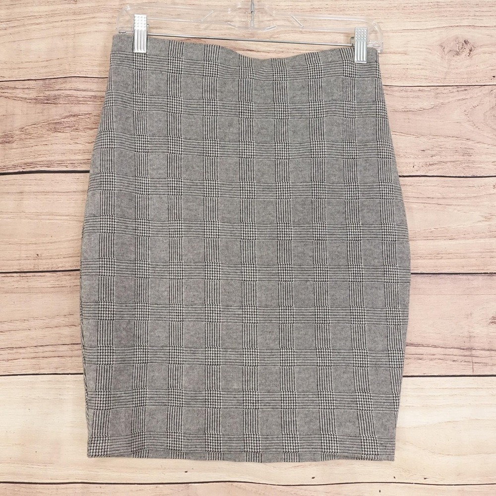 Express Skirt Womens S Gray Plaid Pencil Knee Length Stretch Twill Workwear